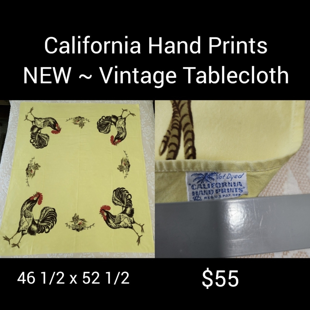 Vintage California Hand Prints Tablecloth w/ roosters